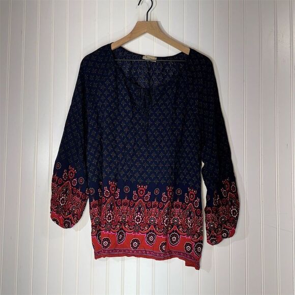 Toomi XXL Boho Peasant Navy Blue Red Paisley Floral Border Print Top Flowy Tunic - Picture 2 of 9